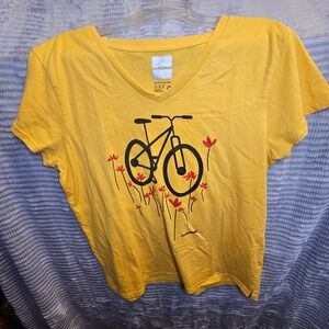 Marushka Yellow Bicycle Flowers Graphic V Neck T Shirt Womens XL Recycled Fabric